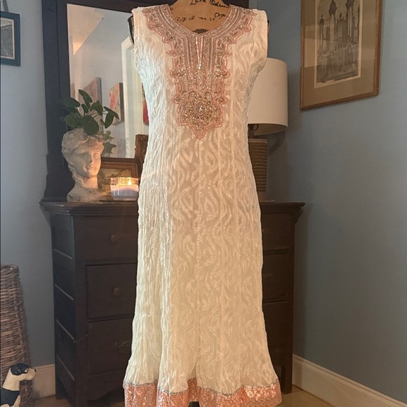 Bohemian Embroidered Hand Beaded White & Silver-Style Women’s Tunic Dress - Picture 5 of 15